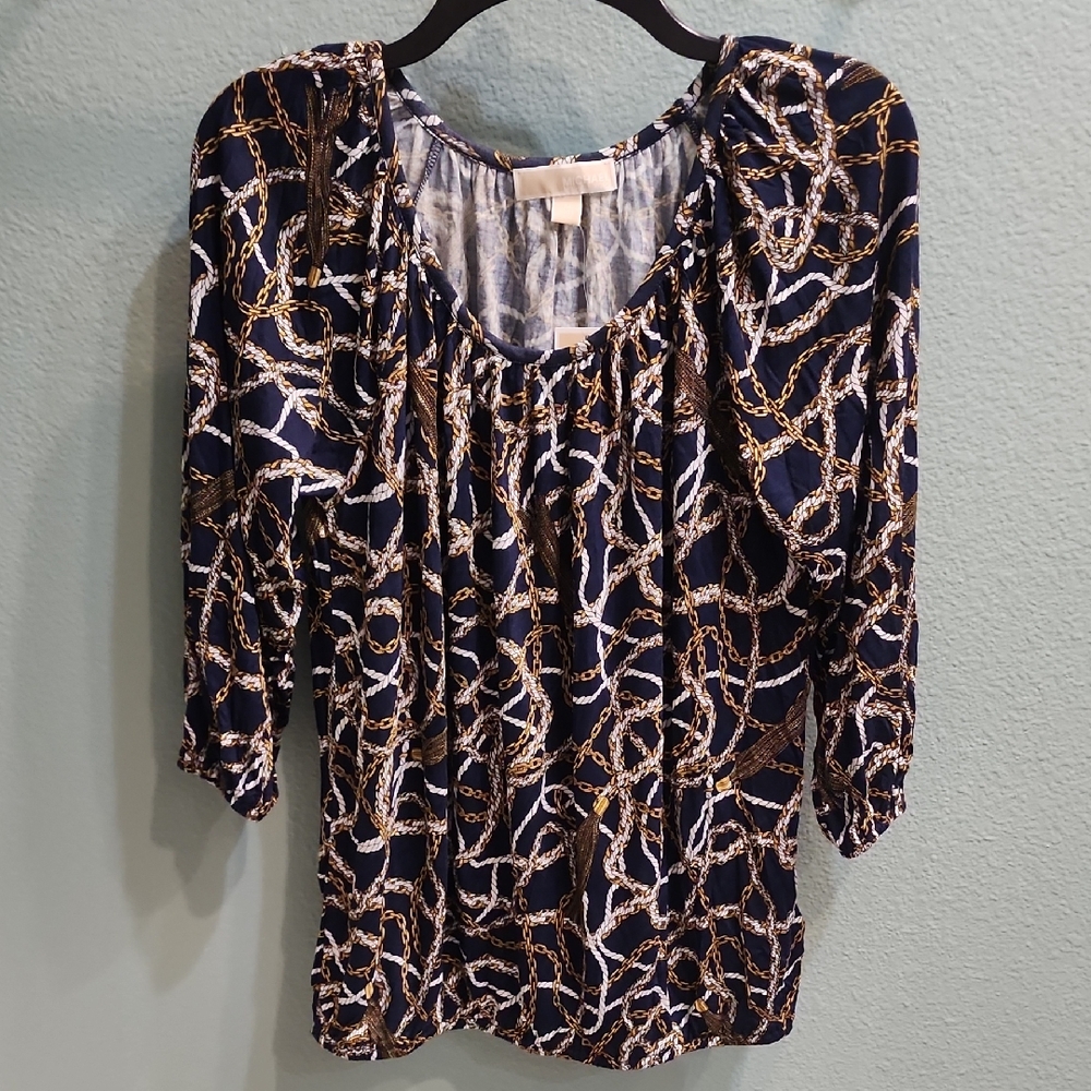 Michael Kors Navy and Gold Chain Print Blouse